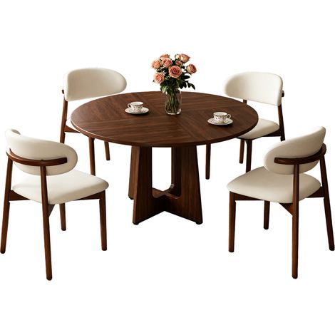 CHICFURN Ensemble table à manger ronde avec 4 chaises, plateau MDF effet bois foncé, assises stables en bois, pour salle à manger, salon et repas conviviaux (1/5)