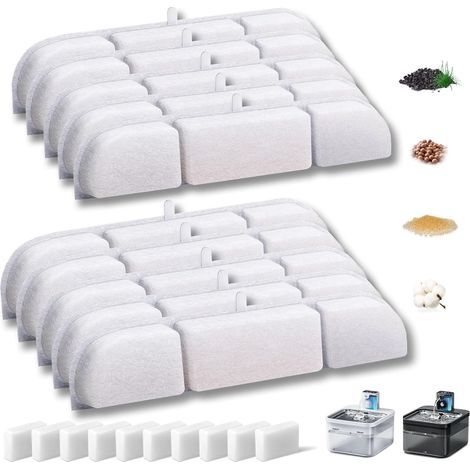 20 Packs Fontaine à Fleur Filtres pour Chat, Filtre à Charbon 10 pièces et Une éponge en Mousse 10 pièces pour 2,5 L Fontaines à Eau pour Chat à Piles à DPWFP6 avec la résine et Charbon Actif (1/5)