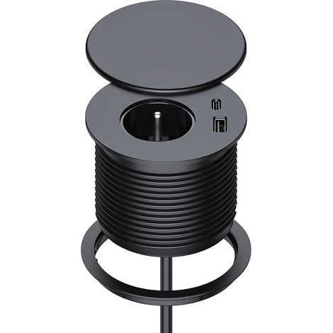 Bloc Prise Encastrable, Multiprise Encastrable avec 1 Prise, 1 Port USB C, 1 Port USB A, 75 mm de Diamètre, 1,5M de Câble, Prise Bureau pour la Cuisine, Le Bureau, Les Meubles, Noir (1/5)