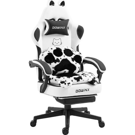 Fauteuil de jeu ergonomique Dowinx avec repose-pieds, tissu à motif pattes de chat, assise réglable, noir et blanc, pour adultes (1/5)