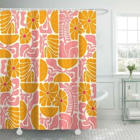 Rideau de Douche bohème Abstrait coloré Floral Vintage rétro Patchwork Matisse Orange Rose Fleur botanique géométrique esthétique Groovy décoration de Salle de Bain Rideau de Douche avec 12