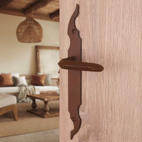 Ouvre&Déco – Lot de 2 poignées de porte CELTIQUE fer forgé finition rouille – Entraxe 195 mm – Bec de cane sans trou pour usage intérieur (1/5)