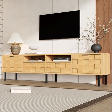 Mueble TV de 200x35x44.5 cm, con 2 puertas, 2 cajones y 2 estantes abiertos, madera natural, MDF y aglomerado (1/5)