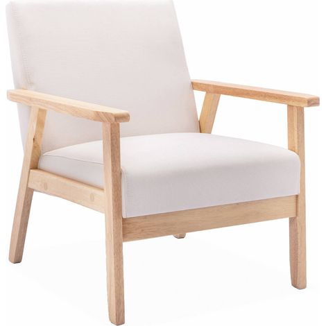 sweeek - Skandinavischer Sessel aus Hevea-Holz mit Stoffbezug, Stoff, Creme