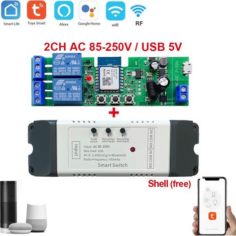 Interrupteur intelligent WiFi Tuya, module de commutation DIY avec minuterie 220 V, commande vocale RF, 2 canaux,Tuya AC 85-250V (1/4)