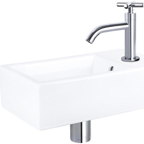 Differnz Force Set lave-mains 40x22x8cm 1 trou avec robinet courbé poignée croix et siphon + bonde chrome Rectangulaire Céramique Blanc (1/5)