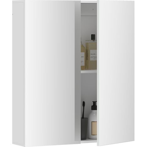 kleankin armario de baño con espejo, armario de pared con 2 puertas, estante ajustable, apertura por presión y cierre suave, 60x15x70 cm, blanco (1/5)