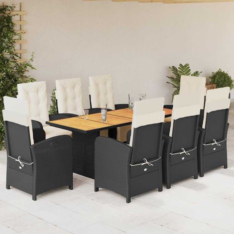 Ensemble repas de jardin 9 pièces, 8 chaises inclinables, résine tressée, noir - PANGIVO (1/5)