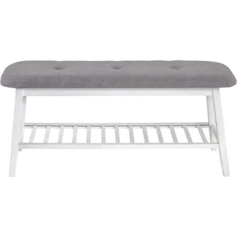Banc en bambou laqué blanc et tissu coloris gris - Longueur 100 x Hauteur 44 x Profondeur 30 cm -PEGANE- (1/4)