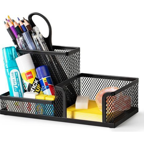 Schreibtisch-Organizer aus Netzgewebe mit Stiftehalter und Aufbewahrungskörben für Büroaccessoires, 3 Fächer, schwarz (1/5)