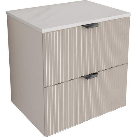 Mobile da bagno con frontale scanalato 60 cm con 2 cassetti, cashmere, con piano in marmo bianco (MDF), con maniglia nera, 60 x 47 x 60 cm (1/5)