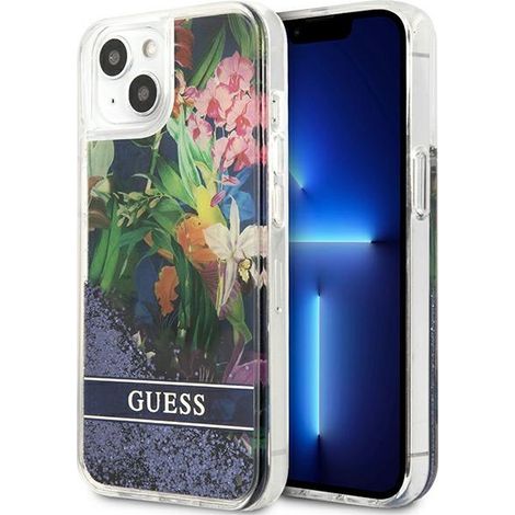 Funda rígida Guess GUHCP13SLFLSB para iPhone 13 mini 5.4 azul/azul con diseño de flores y purpurina líquida. (1/5)