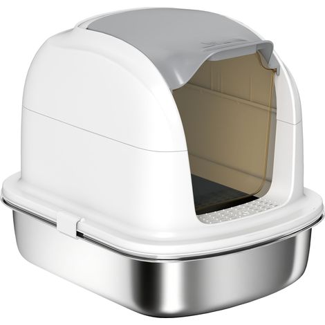 Bac à litière en acier inoxydable avec couvercle, bac de récupération et pelle à litière inclus, pour chats de moins de 5 kg, 52,4 x 41,3 x 42 cm, blanc
