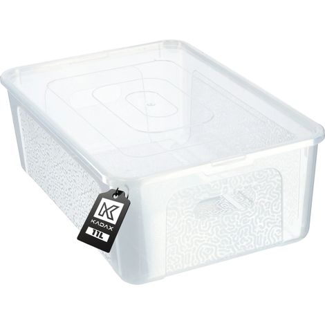 Contenedor de plástico, capacidad de 11 litros, diseño rectangular, opciones transparente y negra, organización versátil, tapa de cierre a presión segura. (1/5)