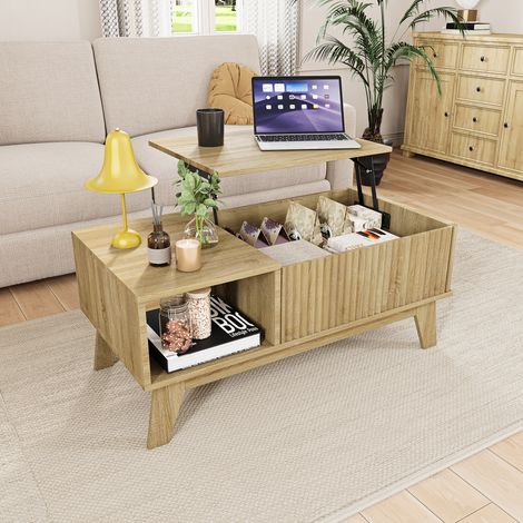 Table basse relevable avec coffre de rangement caché et niche ouverte - Style Nordique & Vintage - Bois Naturel - 95 x 48 x 42 cm (1/4)