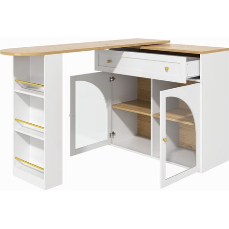 ELVMI Tavolo Bar Estensibile con 3 Ripiani Laterali, Ante in Vetro e Rotazione a 360°, per Cucina 138×39×104 cm (1/4)