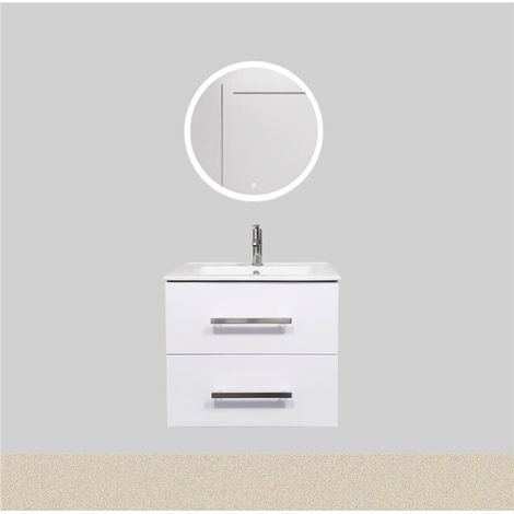 Meuble salle de bain 60 cm gris laqué avec vasque lavabo, tiroir de rangement et plan céramique, meuble sous vasque monté pour salle d’eau contemporaine (1/5)
