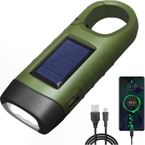 Lampe torche LED REKALRO rechargeable par USB, lampe torche dynamo pour recharger votre téléphone, lampe torche solaire rechargeable avec boucle de randonnée, lampe torche à manivelle pour les situati (1/5)