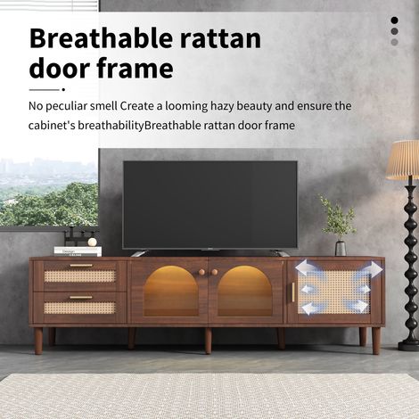 Armoire en bois foncé de 180cm pour téléviseur de 80 pouces.Elle comprend 2 compartiments en rotin,2 portes en verre incurvées et 1 porte en rotin.Éclairage LED.C’est un endroit pratique et élégant po (1/5)