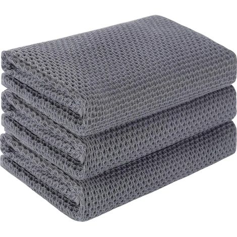 Lot de 3 torchons de cuisine en coton gaufré, 33x74 cm gris, avec boucle de suspension, serviettes absorbantes pour vaisselle et essuyage (1/5)