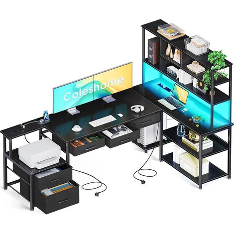 Eckschreibtisch LED Beleuchtung Steckdosen USB Schwarz 180x100cm (1/5)