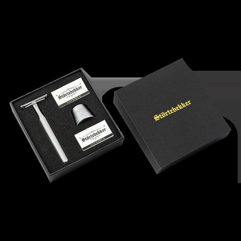 [GEBRAUCHT] B-Ware Störtebekker Rasierhobel Set Rasierer 10 Bartklingen Ständer Oslo silber Gu314 (1/2)