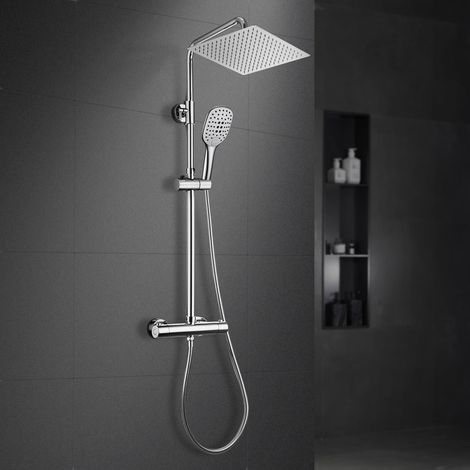 Görbach Colonne de douche thermostatique en inox avec mitigeur, douche pluie 25x25 cm et douchette, ensemble de douche chromé (1/5)