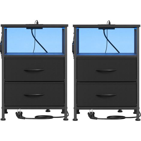 Table de Chevet avec Éclairage LED et Multiprise, Lot de 2, 2 Tiroirs et 1 Compartiment Ouvert, Noir (1/5)