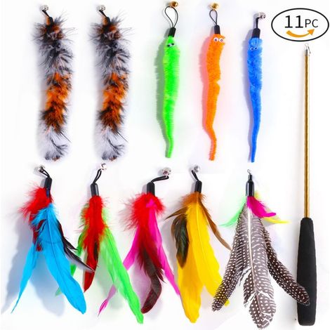 Ensemble de 11 jouets pour animaux de compagnie – Baguette à plumes télescopique extensible pour chat avec embouts interchangeables pour jouer, faire de l'exercice et s'accrocher, or (1/4)