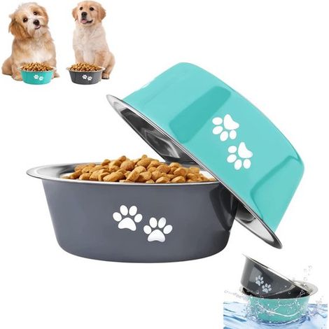 Lot de 2 gamelles pour chien et chat - Gamelles surélevées - Tapis antidérapant - Gamelles blanches en acier inoxydable - Convient aux chiens de petite et moyenne taille (1/5)