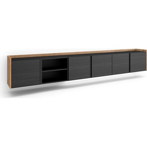 Skraut Home - Mueble TV, Televisión, Muebles de salón, almacenaje, 309x35x50cm, Para TV hasta 80", Colgado, Suspendido, LED, Estilo Moderno, Negro y roble (1/5)