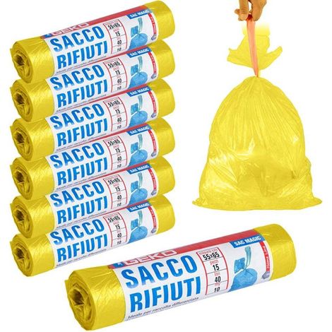 7x Rotoli Sacchetti Buste Spacetura 40lt 55x65cm Chiusura Laccetto Gialletto 105pz (1/5)