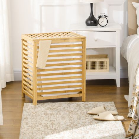 Cesto portabiancheria in bambù con coperchio, sacco rimovibile, 50 x 36 x 60 cm DESVIAE (1/5)