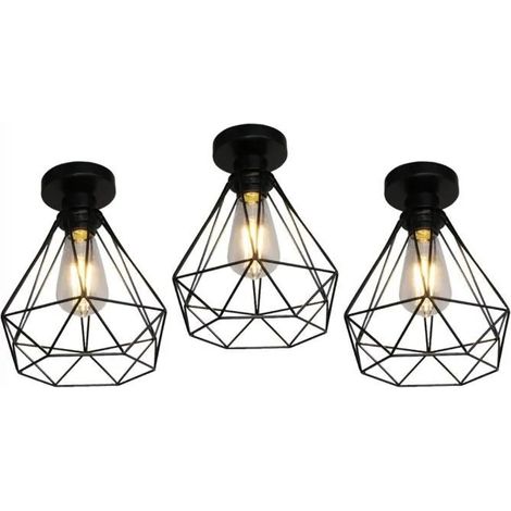 U-Do 3Pcs Plafonnier Industriel forme Diamant Lampe de Plafonde en Fer Noir E27 40W (1/4)