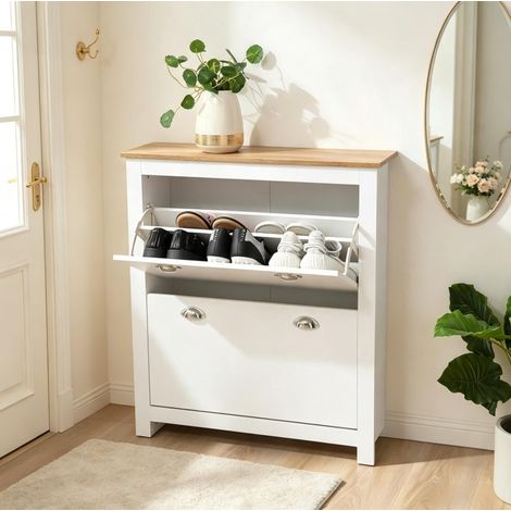 Zapatero moderno con almacenamiento y balda, MDF efecto roble y blanco (1/5)