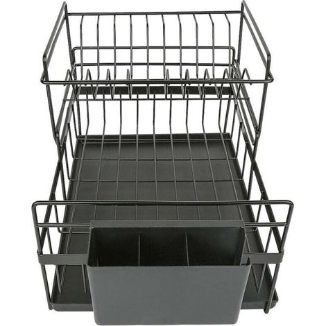 Egouttoir Vaisselle Double Niveau Couverts Cuisine Rangement Métal chromé - Noir (1/4)