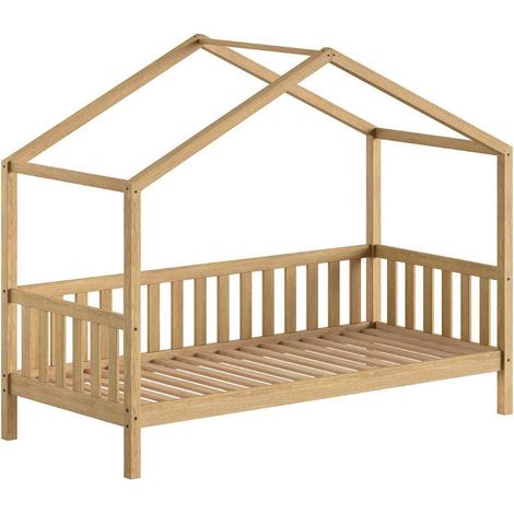 Lit maison à barrière 90x200 en chêne massif - LEIKY (1/3)