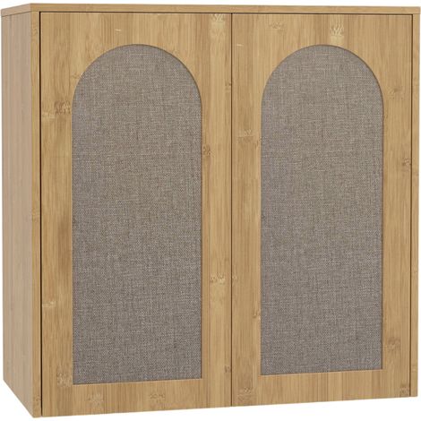 Meuble de salle de bain mural de style bohème avec deux portes imitation rotin, système de fermeture amortie et étagère réglable, chêne (1/5)