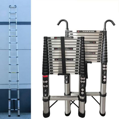 5M Telescopic Ladder Extension Ladder with 2 Detachable Hooks, Stainless Steel Telescopic Extendable Ladder Roof Ladders for Home, Compact Ladder