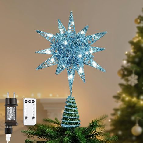 Étoile de Cime d'arbre de Noël, 11 Pouces Branchée et Télécommande Étoile de Cime Géométrique 3D Lumineuse pour Décoration de Noël, Fonction Minuterie et Câble 5m, Lumière Chaude, Bleu Ciel (1/5)