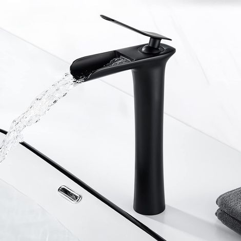 Black Modern Tall Waterfall Sink Faucet, Brass Tall Basin Mixer Tap, Hot and Cold Water Waterfall Faucet Available (1/5)