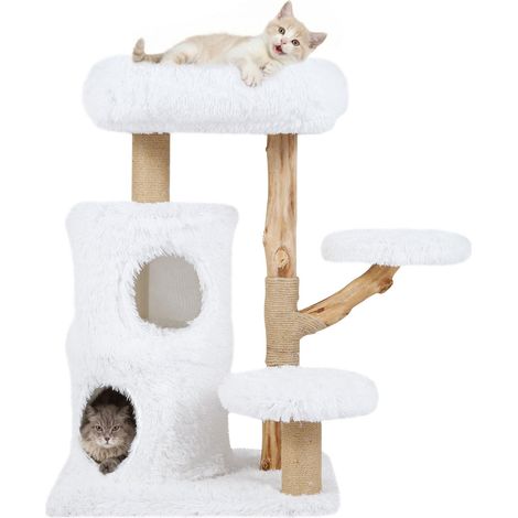 Costway – Arbre à chat en bois massif 93 cm – Condo 2 étages – Poteaux à griffer en jute – Perchoir amovible – Design moderne blanc (1/5)