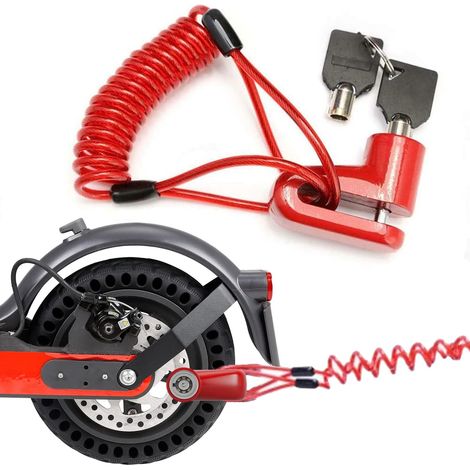 Antivol Trotinette Electrique(Rouge), Cadenas Accessoire, Bloque Disque+1.2m Câble Antivol Sécurité à Ressort +2 Clés et Sac de Bloc, pour Xiaomi M365/Moto/Vélo/Trottinette électrique (1/5)