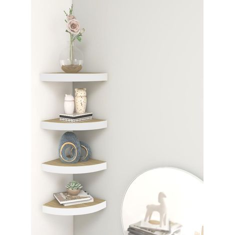 Lot de 4 Étagères d'angle murales, Étagères flottantes, Supports mural stable, pour Salon Chêne et blanc 35x35x3,8 cm MDF ASD13935 (1/5)