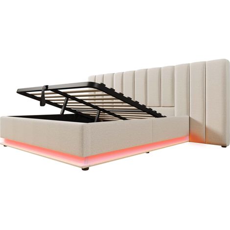 Cama con canapé 160x200 de lino beige con LED, puertos USB y USB-C, somier de láminas (1/5)