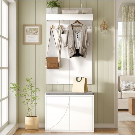 Mobile ingresso 3 in 1 60x35x145 cm con 4 ganci, panca portascarpe e armadio 2 ante, bianco (1/5)
