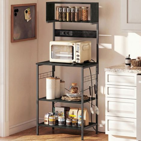 Étagère de cuisine avec multiprise pour micro-ondes, avec plateaux et crochets style industriel, bois et acier, noir (1/5)