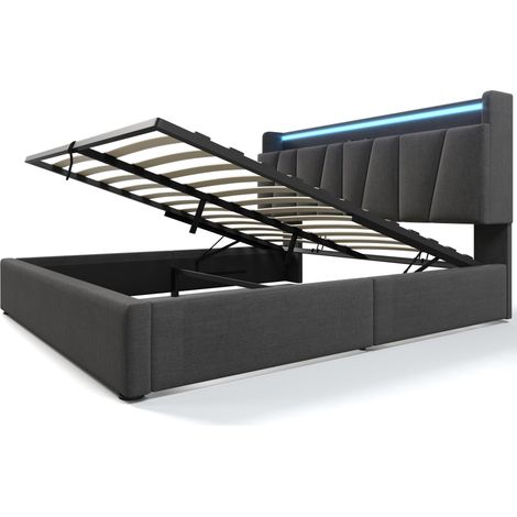 Cama doble 140x200 cm con cabecero de almacenaje, LED, USB y enchufe, gris (1/5)