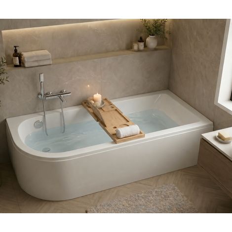 Baignoire d'angle asymétrique droite 170 x 75 cm - blanc - tablier, pieds, vidage chrome, plateau bambou - OASIS