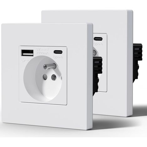 Prise Electrique avec USB et Type C, Prise Murale avec Panneau En Plastique, Alternatif Norme Française 16 Amp 240V 86mm Blanc, 2 Paquests (1/5)